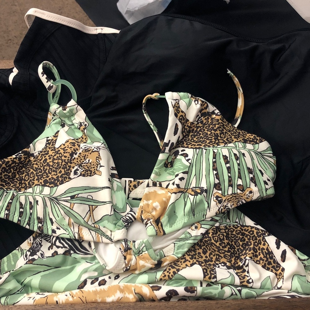 aerie Green, Cream & Tan Leopard Tropical One-Piece Swimsuit Lot of 3 New